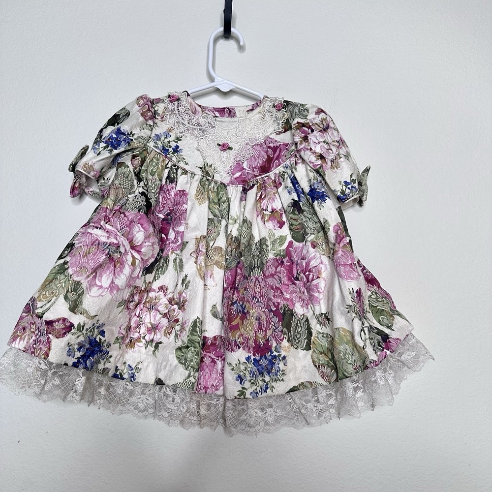 Vintage Bonnie Jean Dress Baby Girl Floral Lace USA 80s 90s size 12 Months Easte